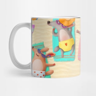 4 dog friends chilling on the beach. Mug